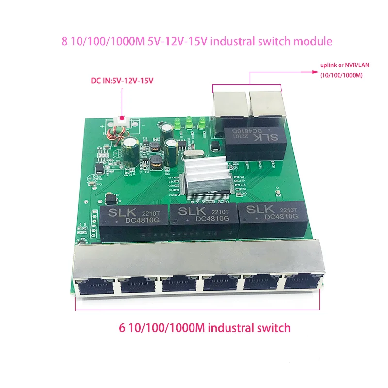 1000M conmutador no administrado 8port 10/100/1000M 5V-15V 9V-52V conmutador Ethernet industrial módulo de PCBA de la placa OEM Auto-detección de Puertos