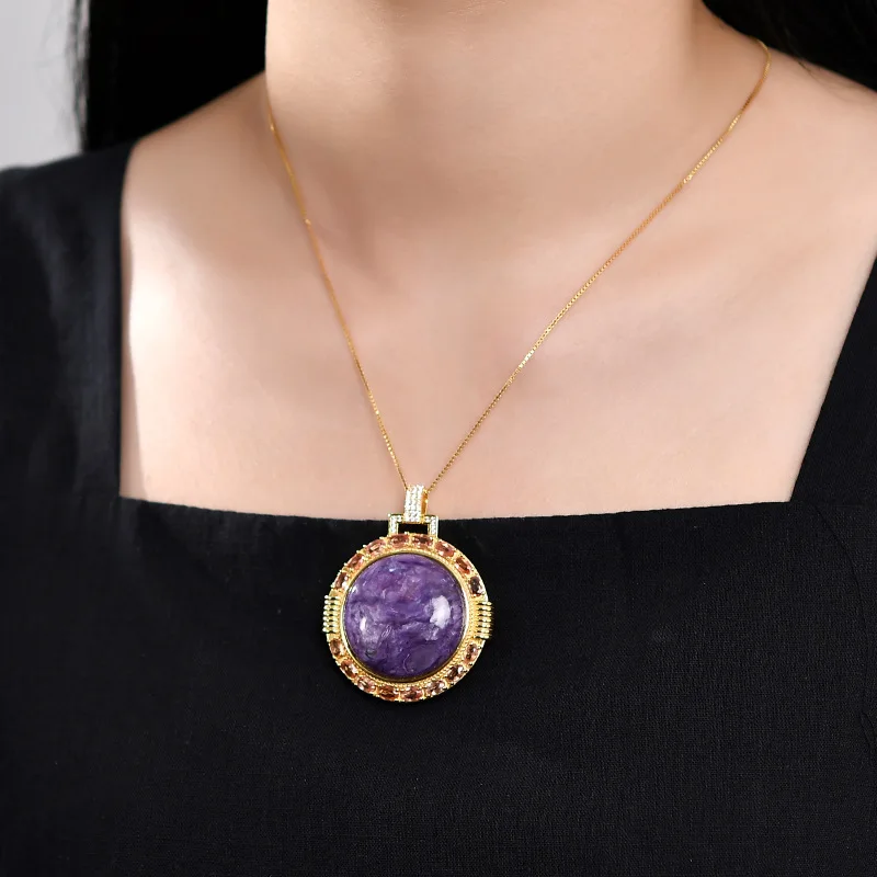Uglyless Natural Púrpura Piedras preciosas Charoite Colgantes de las Mujeres Inusual Enorme Botón de Collares de Oro Chapado en Plata 925 de la Joyería SIN Cadenas