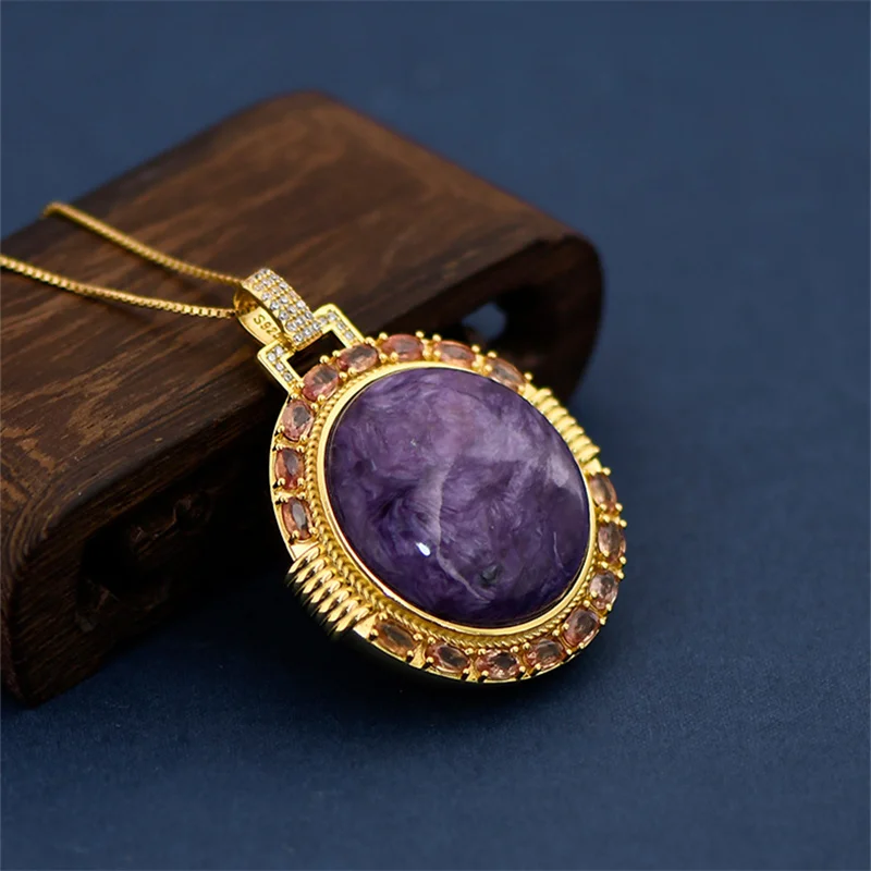 Uglyless Natural Púrpura Piedras preciosas Charoite Colgantes de las Mujeres Inusual Enorme Botón de Collares de Oro Chapado en Plata 925 de la Joyería SIN Cadenas