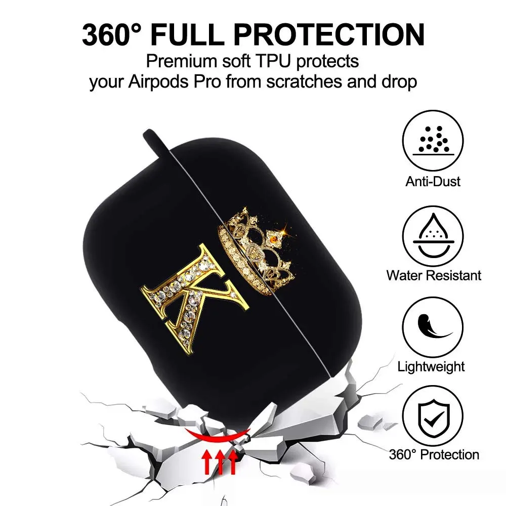 Corona de diamantes Carta Airpods Caso de AirPods Pro2 3 2 1 Pro Negro Inalámbrico Bluetooth Auricular Lindo Cuadro A-z Portada