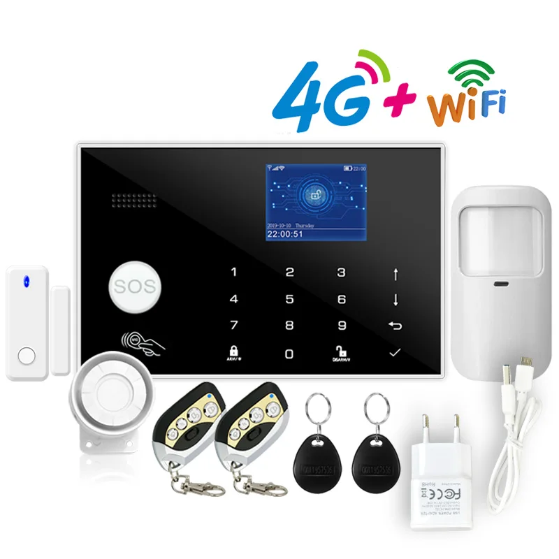Casa de Alarma Antirrobo SIM de la Tarjeta Inalámbrica y por Cable Detector de RFID TFT Táctil Teclado 11 Idiomas Compatibles Alexa Wifi 4G Sistema de Alarma