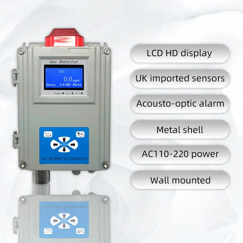Montado en la pared de Ozono controlador de pantalla LCD AC220V O3 fuga de gas alarma de detector de