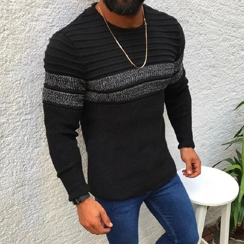 Hombres Suéter Puente de Rayas Simple Moda Suéter de Otoño/Invierno Slim-fit Base Suéter de cuello de Tripulación del Músculo de los Hombres Ropa Casual